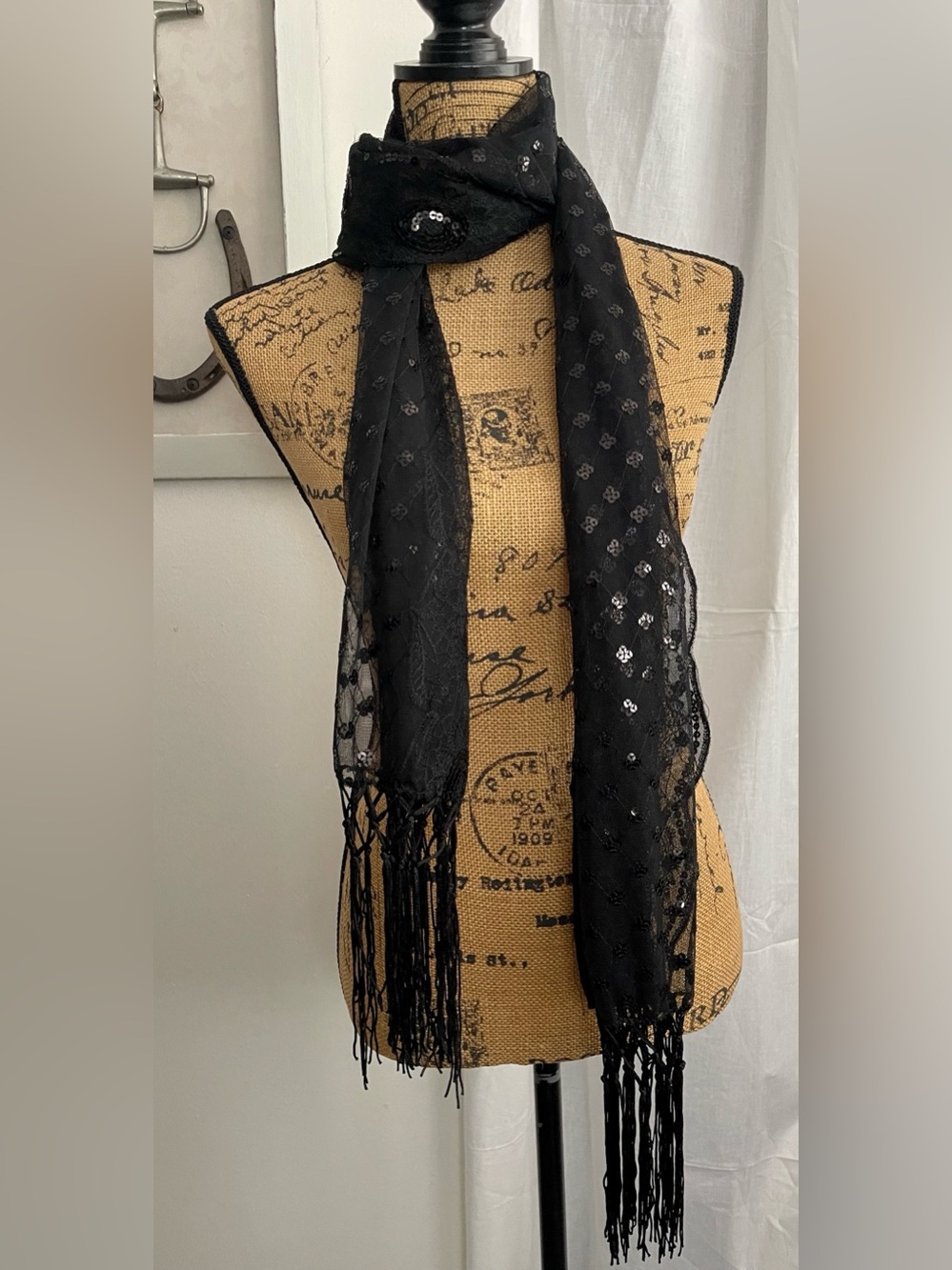 Sheer Soft Goth Black Lace Scarf Sequin Fringe 54 x 177cm (20 x 70”in)